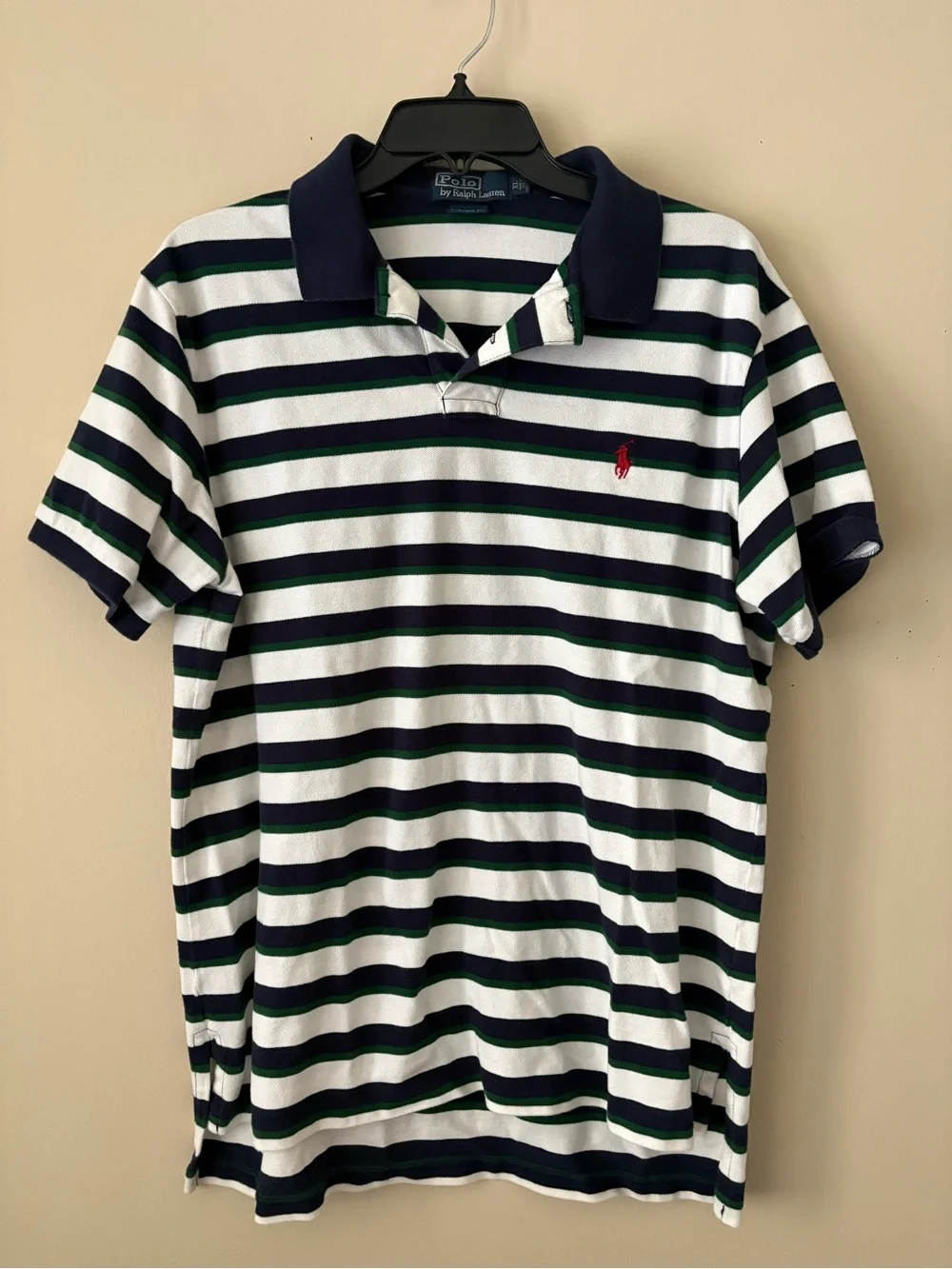 Polo by Ralph Lauren Navy, White & Green Striped Cotton Polo Sz. XL
